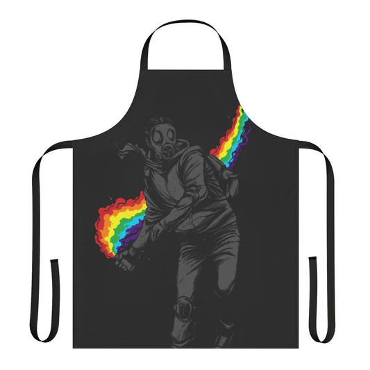 Colorful apron designed for protests and demonstrations, featuring a gas mask and flag design to resist tear gas and make a political statement.