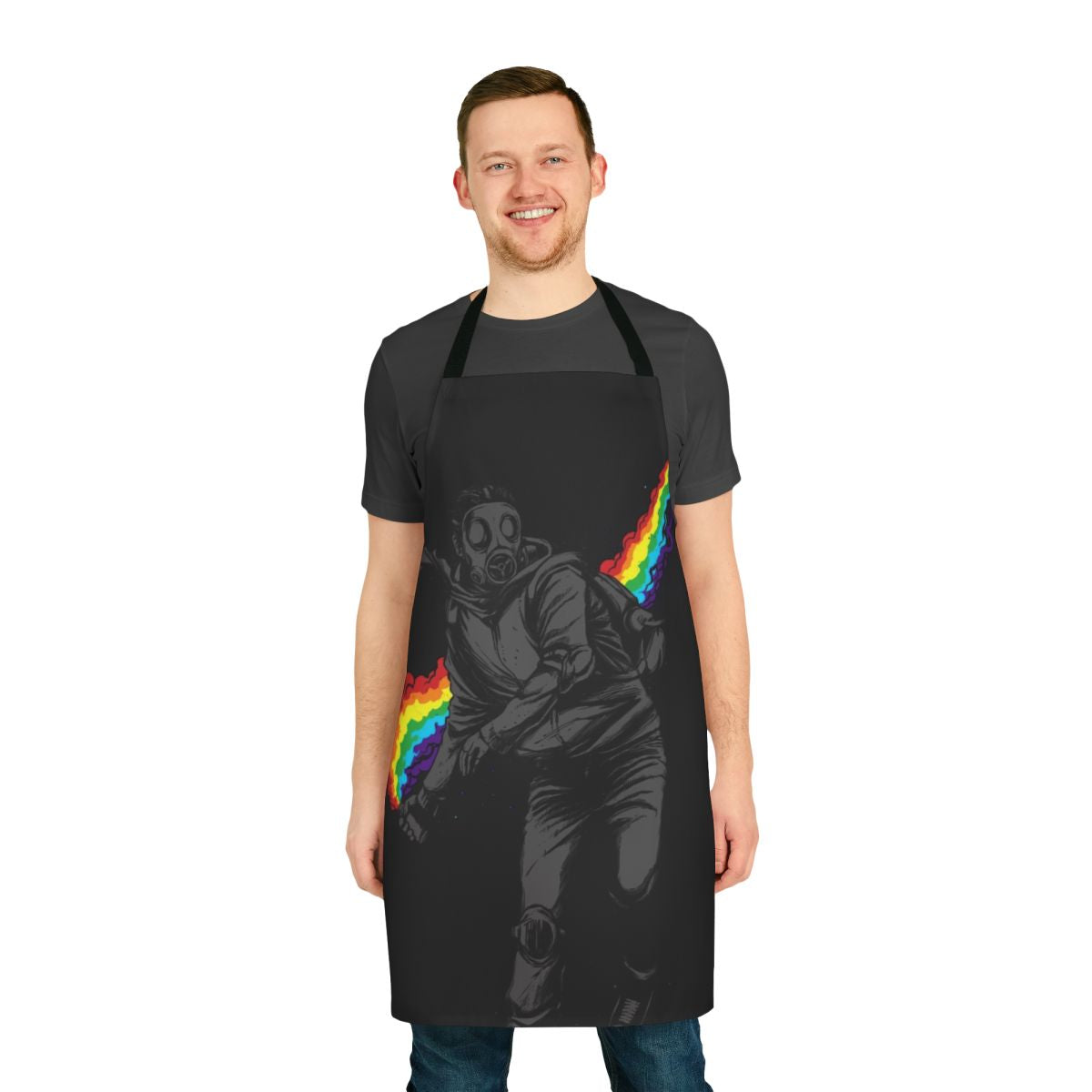 Colorful apron designed for protests and demonstrations, featuring a gas mask and flag design to resist tear gas and make a political statement.