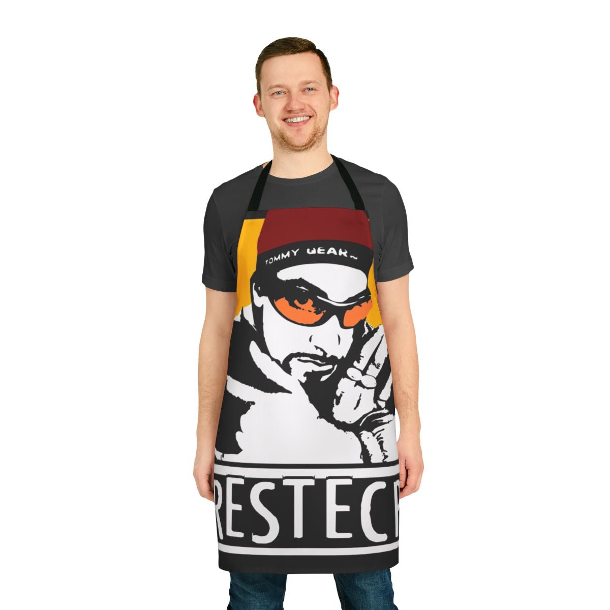 Restecp-inspired funny apron featuring Ali G and Sacha Baron Cohen references