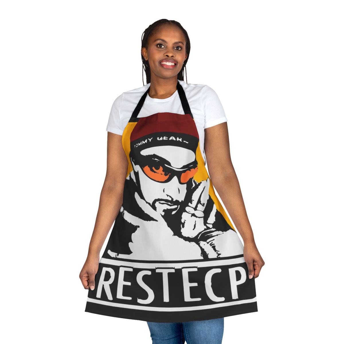 Restecp-inspired funny apron featuring Ali G and Sacha Baron Cohen references