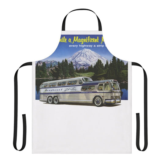 Vintage 1950s-style apron with Greyhound bus design, perfect for retro road trip enthusiasts