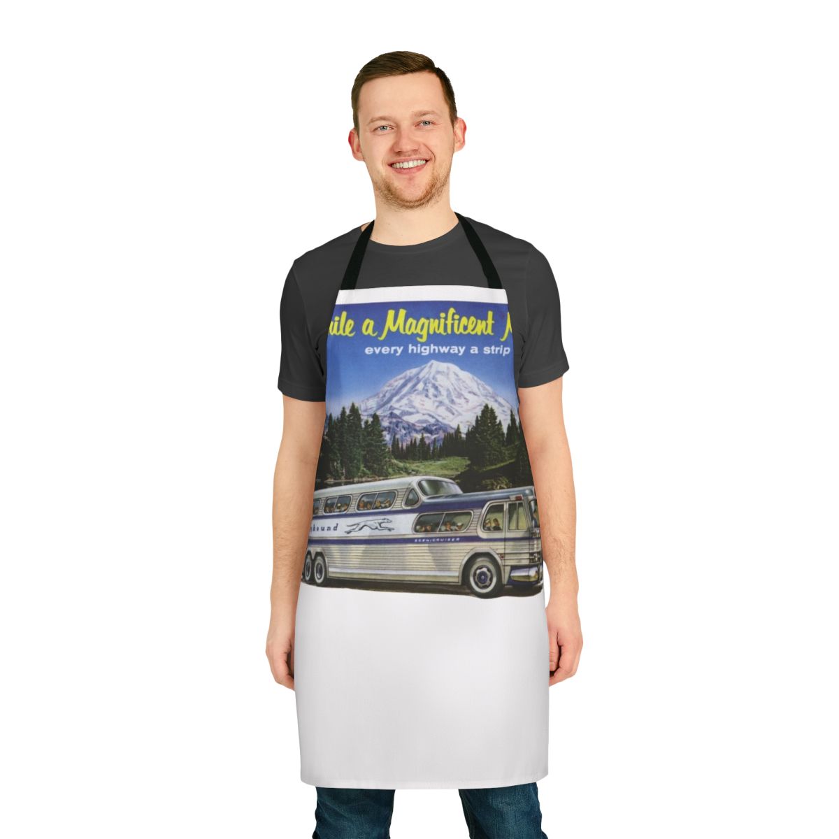 Vintage 1950s-style apron with Greyhound bus design, perfect for retro road trip enthusiasts