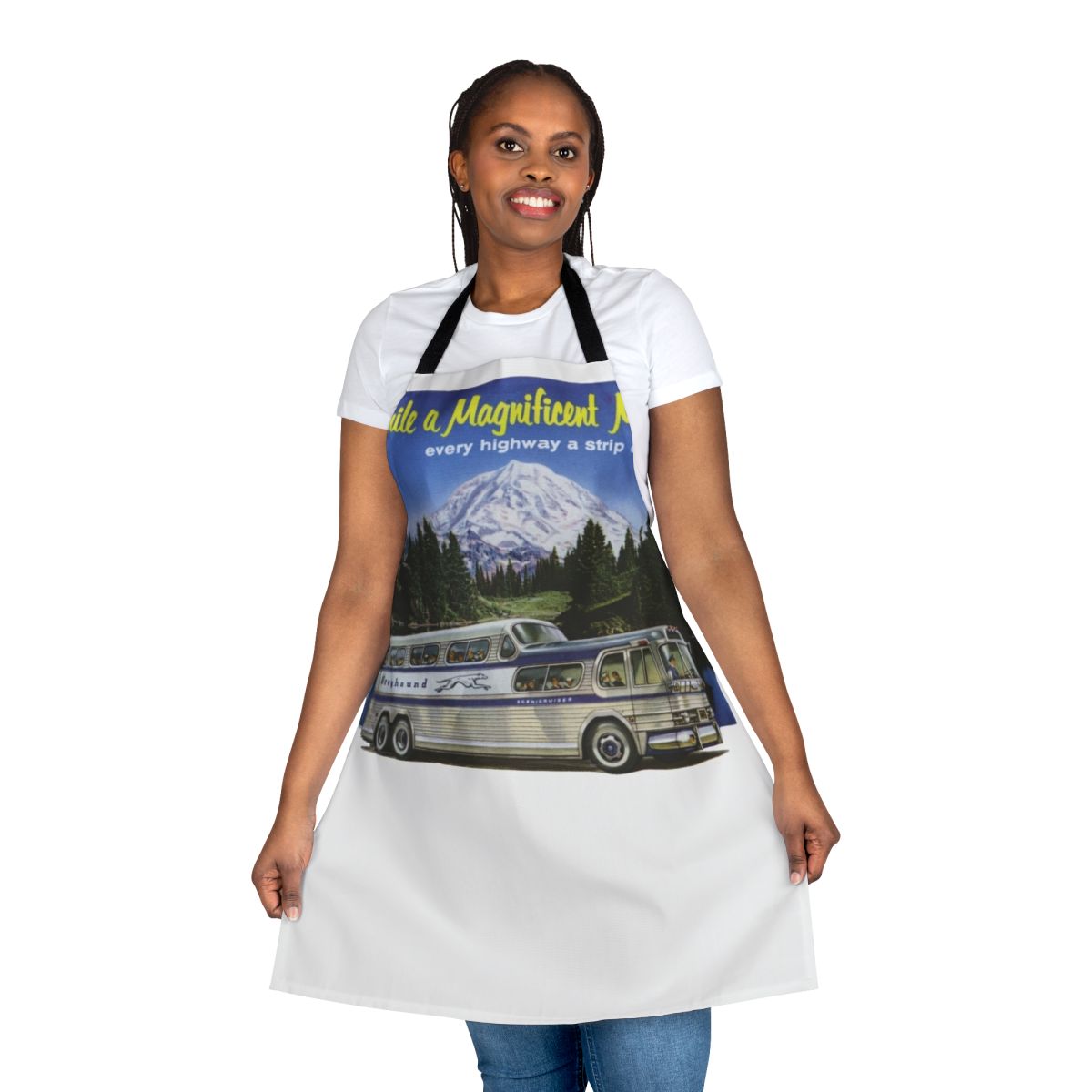 Vintage 1950s-style apron with Greyhound bus design, perfect for retro road trip enthusiasts