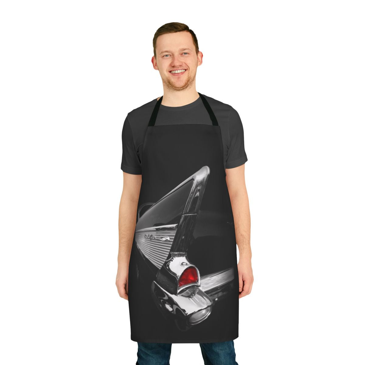 Monochrome apron featuring a vintage 1957 Chevy Bel Air design
