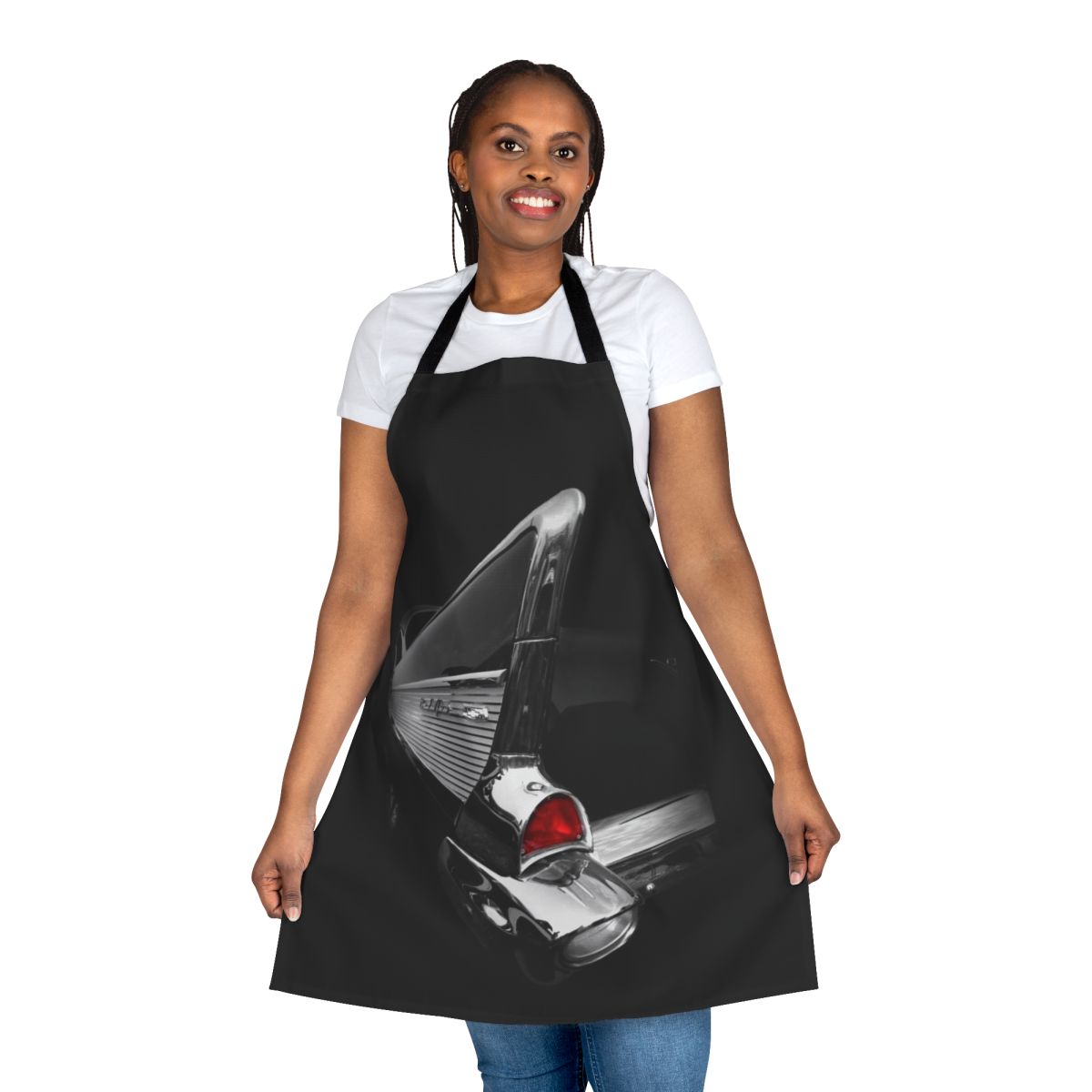 Monochrome apron featuring a vintage 1957 Chevy Bel Air design
