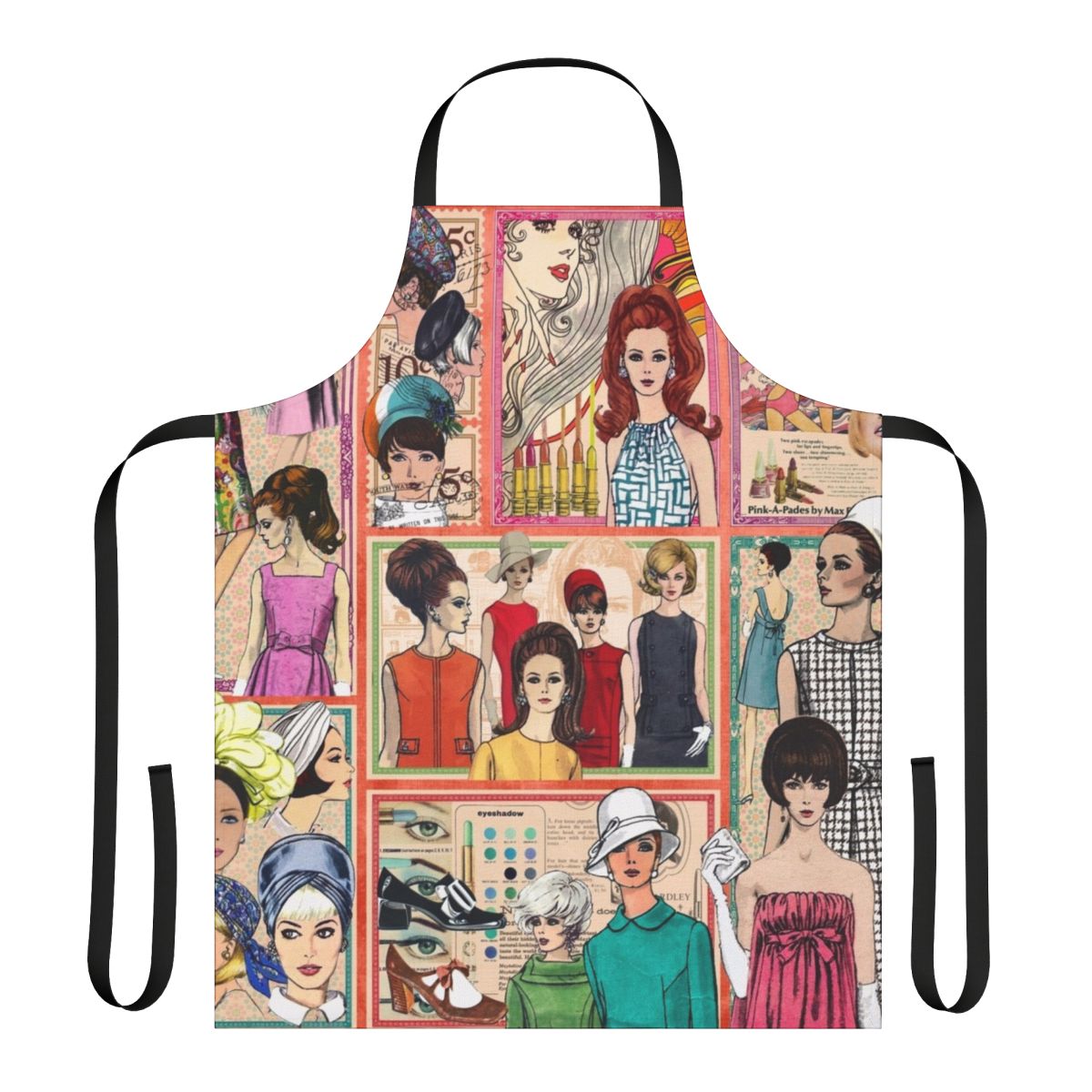 Vintage-style apron featuring a collage of 1960s fashion images