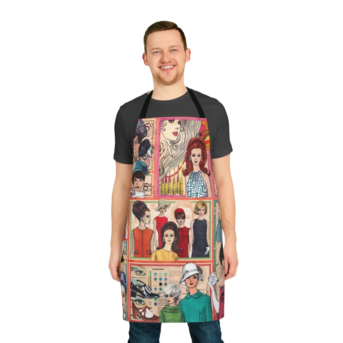Vintage-style apron featuring a collage of 1960s fashion images