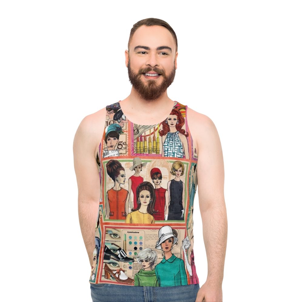 Retro 1960s fashion unisex tank top with collage design
