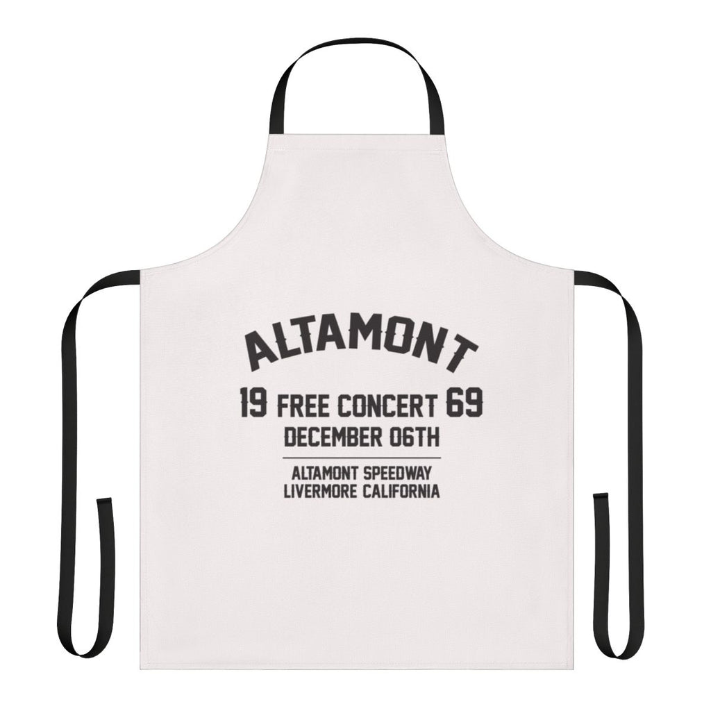 Retro 1960s music festival-inspired apron featuring rock musicians, guitars, and hippie style