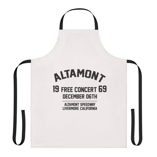 Retro 1960s music festival-inspired apron featuring rock musicians, guitars, and hippie style