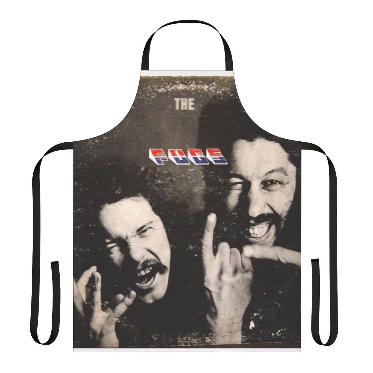 Retro 1960s psychedelic-style apron featuring the Fugs band logo and 1960s counterculture imagery