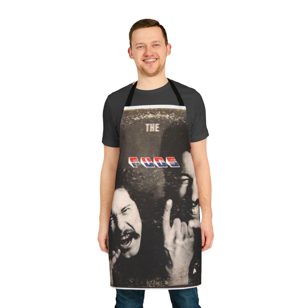 Retro 1960s psychedelic-style apron featuring the Fugs band logo and 1960s counterculture imagery