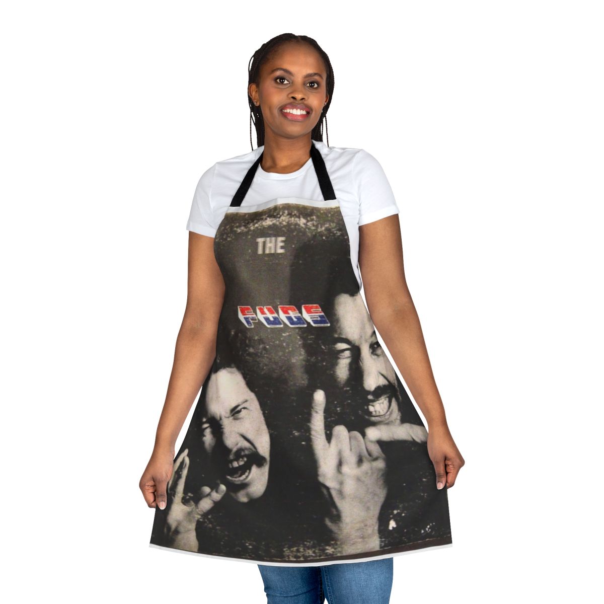 Retro 1960s psychedelic-style apron featuring the Fugs band logo and 1960s counterculture imagery