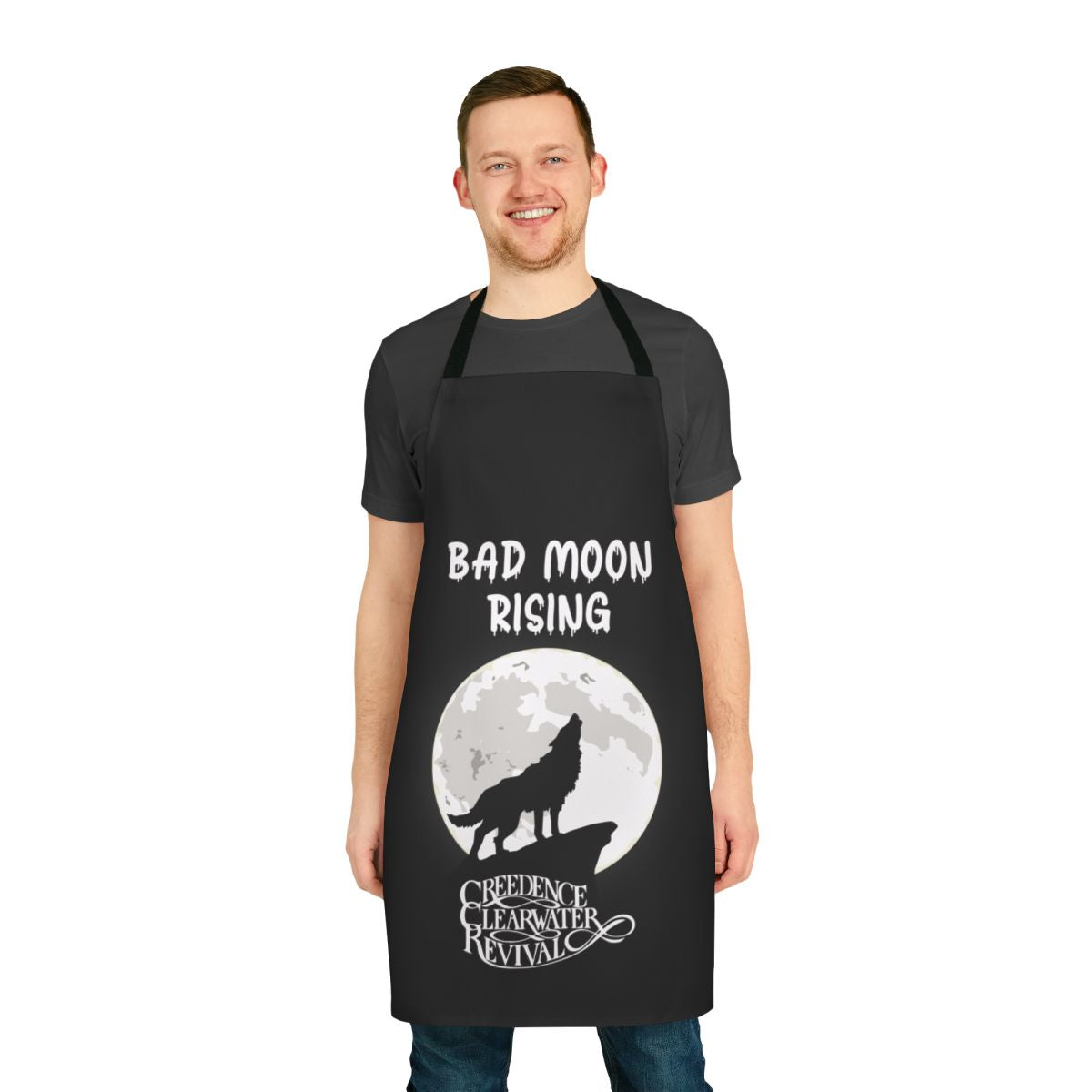 Retro 1960s rock inspired apron with "Bad Moon Rising" design