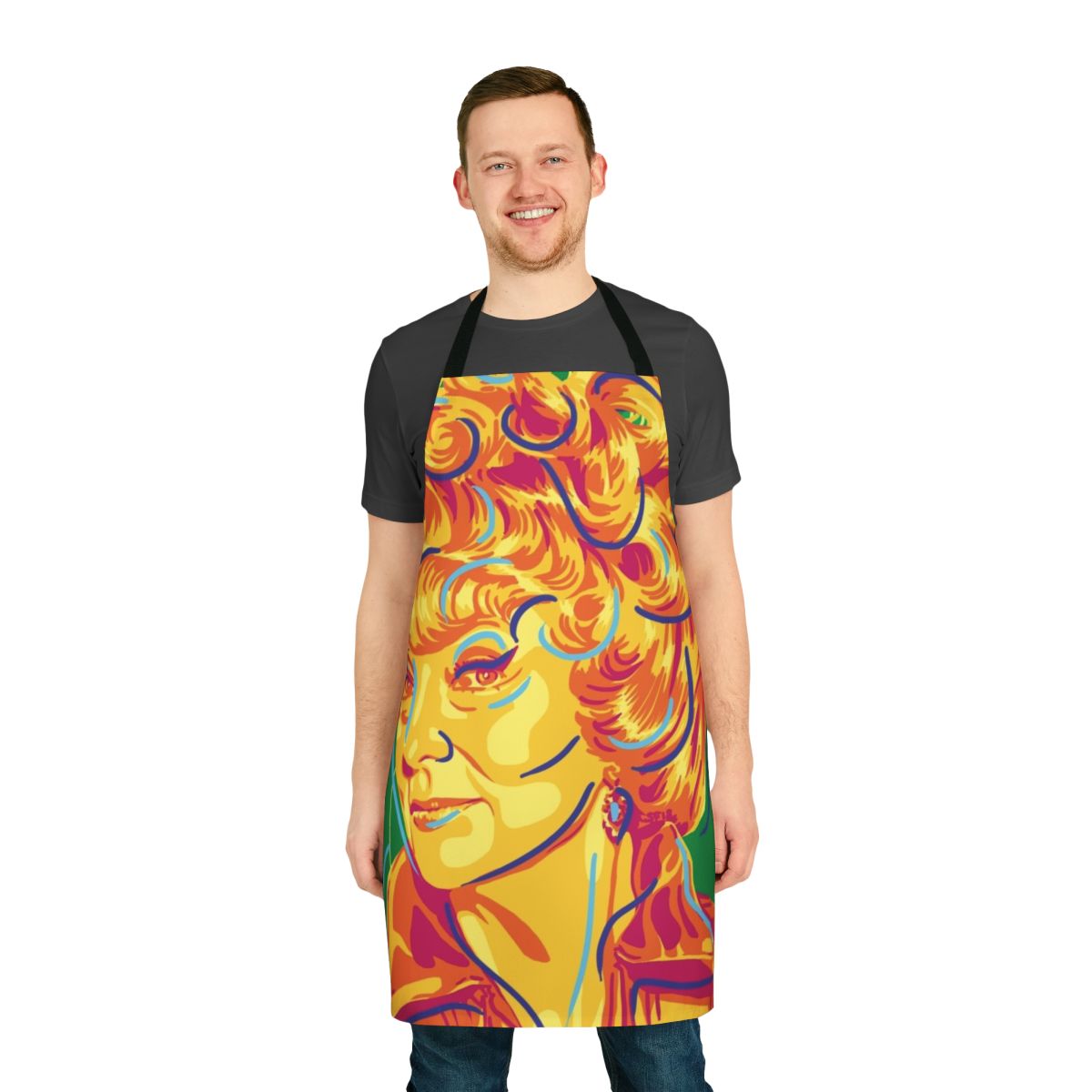 Retro 1960s-style apron featuring a pop art design inspired by the classic TV sitcom "Bewitched" and the character Endora