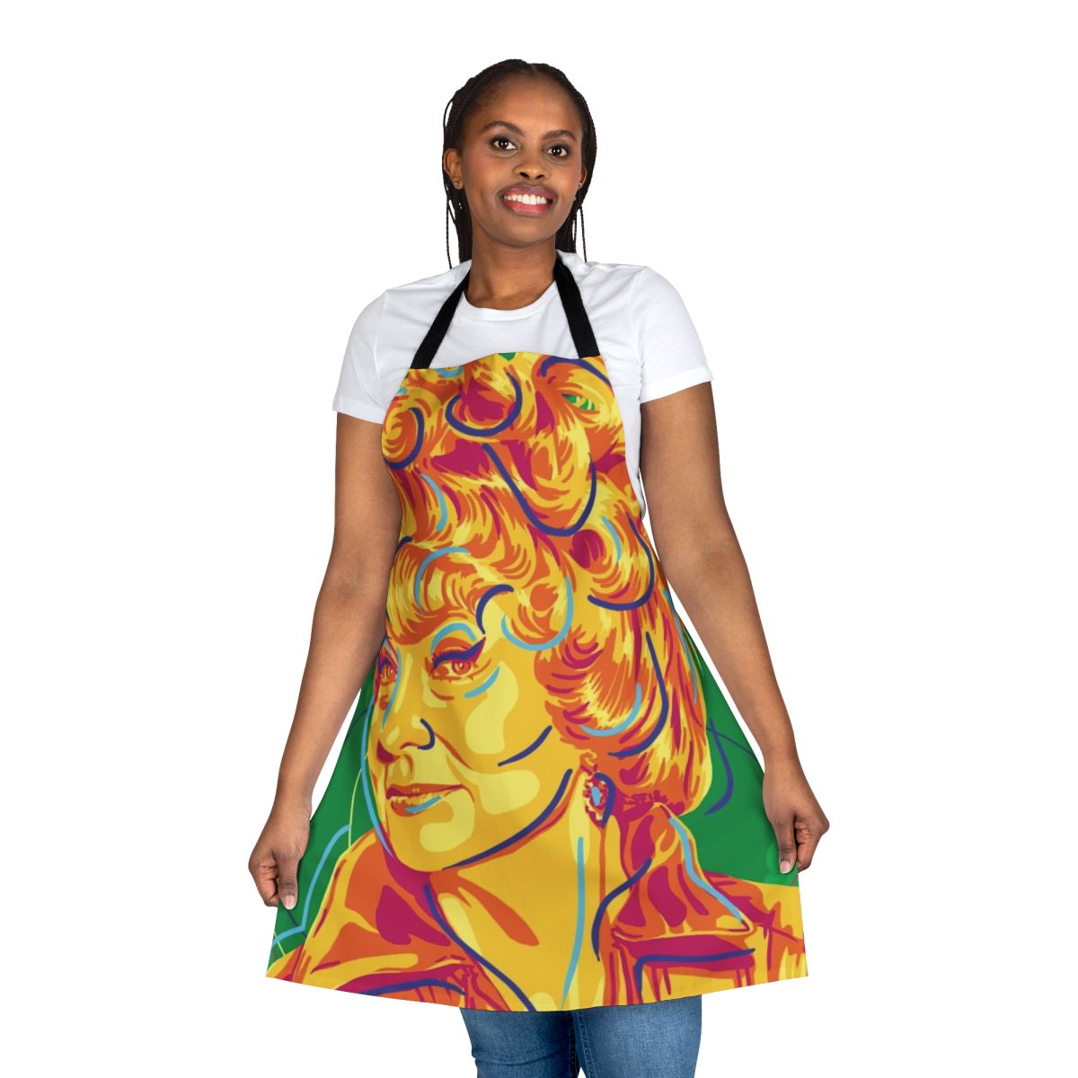Retro 1960s-style apron featuring a pop art design inspired by the classic TV sitcom "Bewitched" and the character Endora