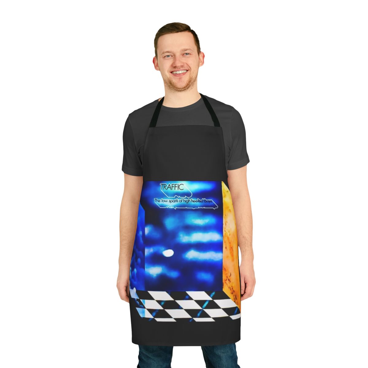 Retro apron featuring the iconic album cover art of Traffic's "The Low Spark of High Heeled Boys"