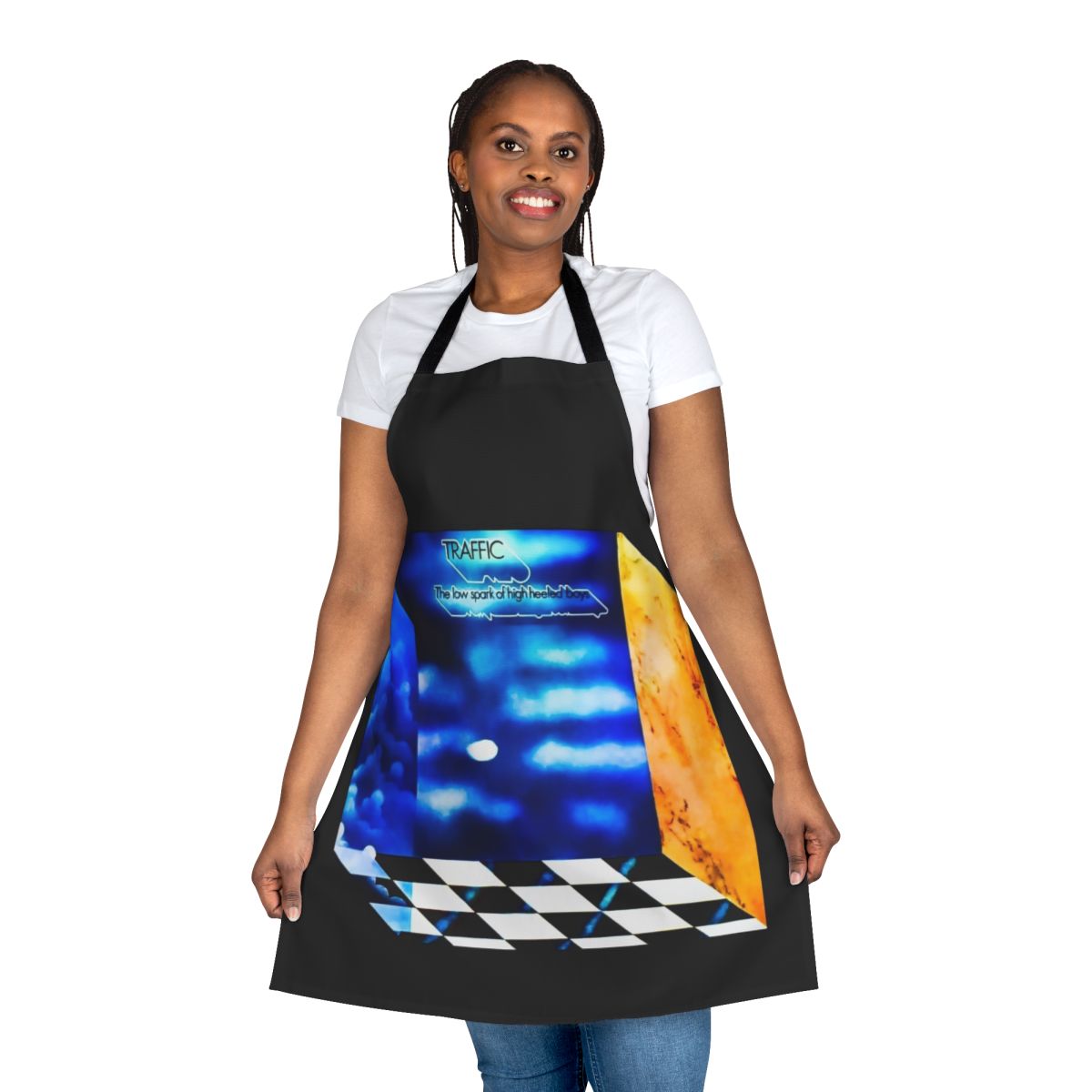 Retro apron featuring the iconic album cover art of Traffic's "The Low Spark of High Heeled Boys"