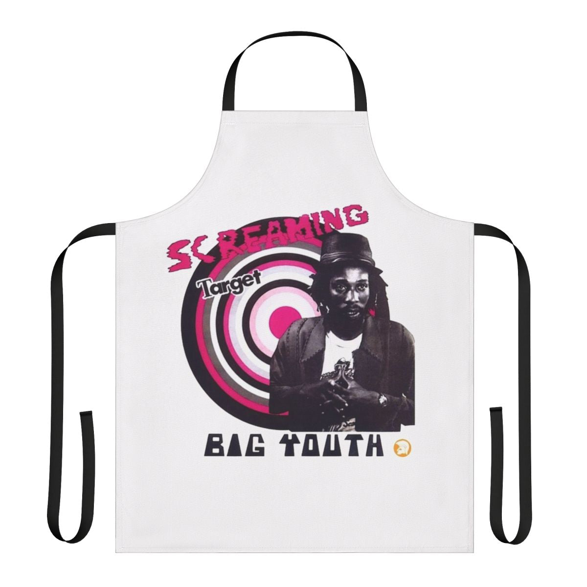 Retro 1970s reggae musician screaming target apron