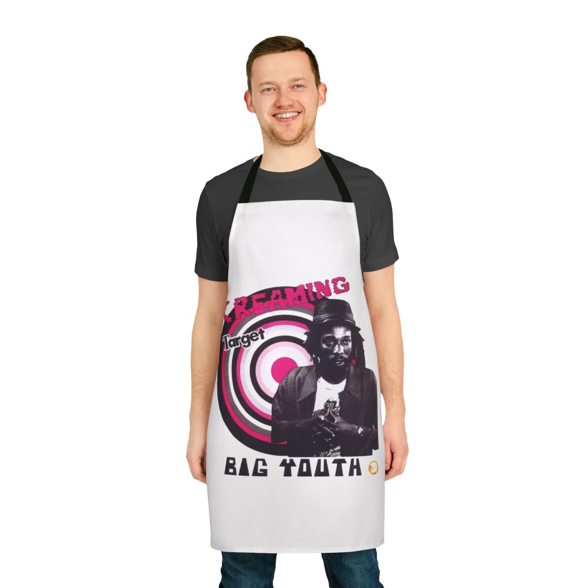 Retro 1970s reggae musician screaming target apron