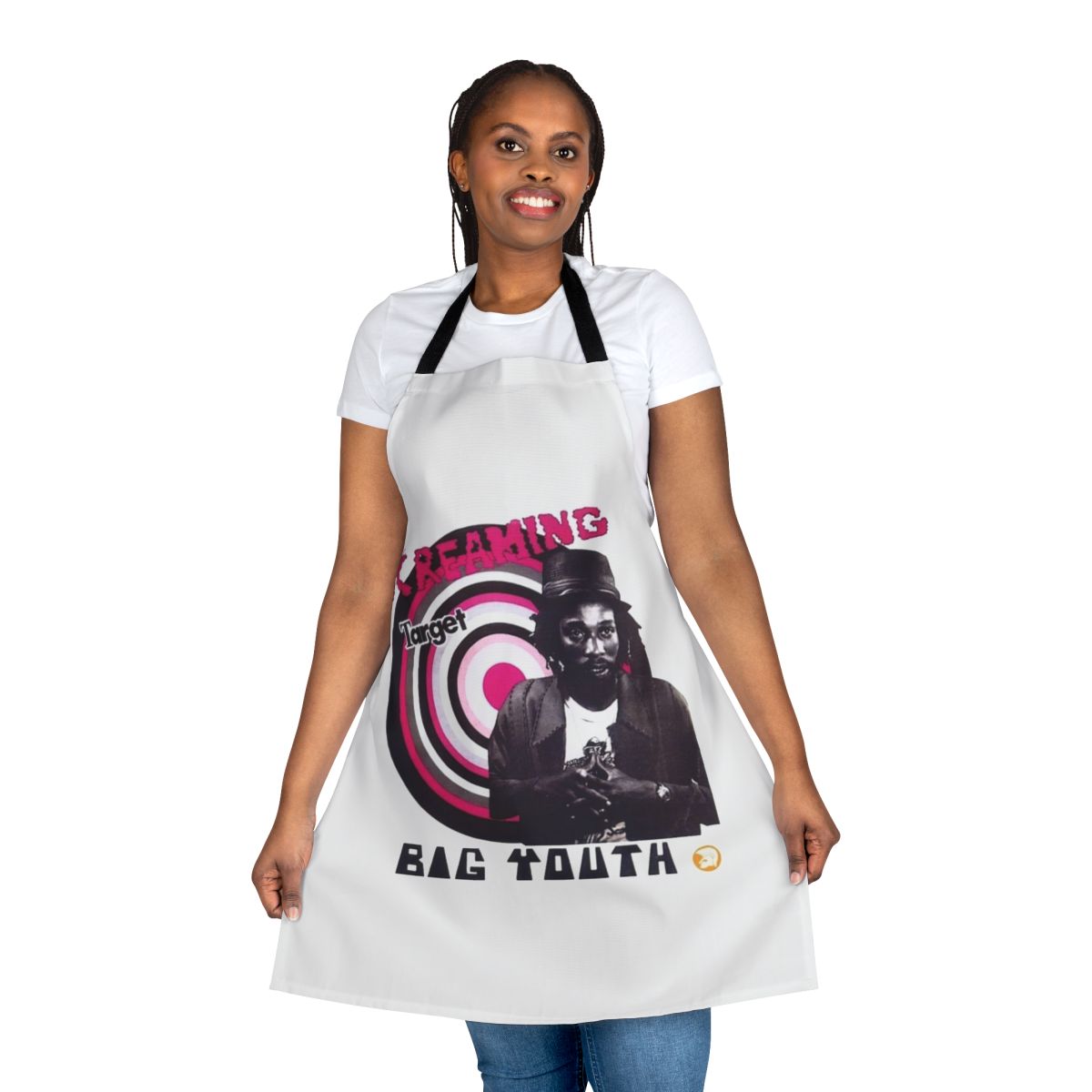 Retro 1970s reggae musician screaming target apron