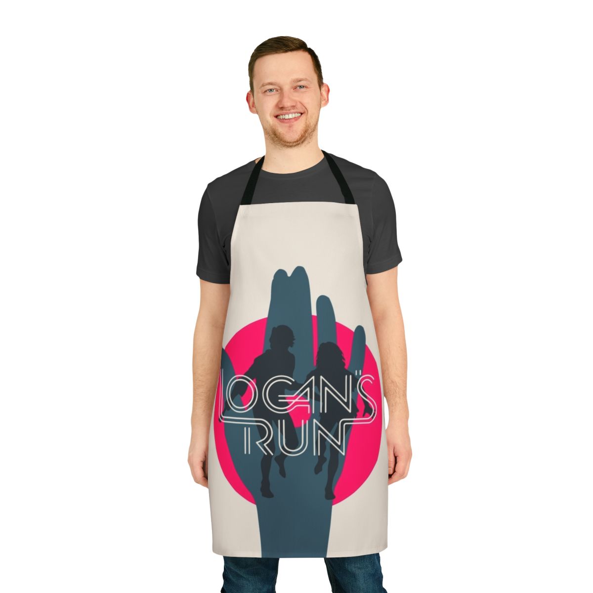 Retro 1970s science fiction movie-inspired apron with minimal pop art design