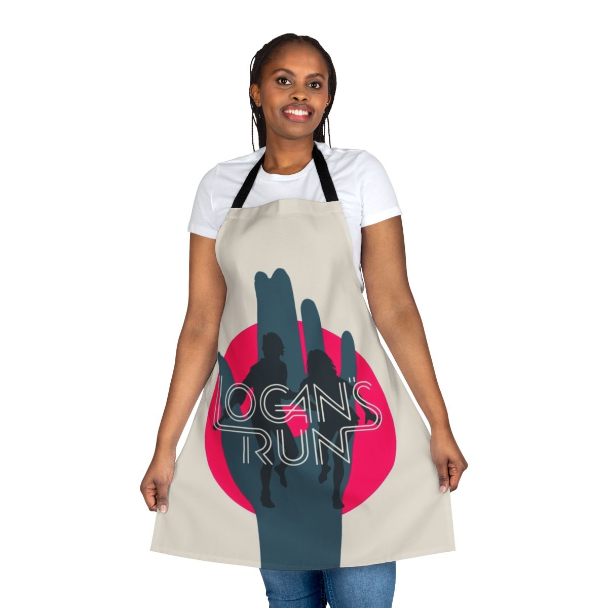 Retro 1970s science fiction movie-inspired apron with minimal pop art design