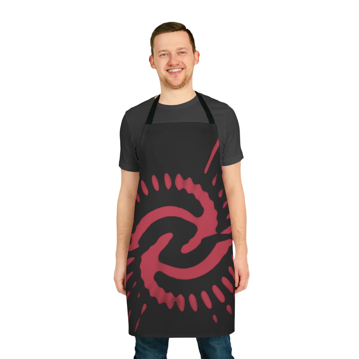 Retro 1970s time vortex inspired apron with a vibrant pink pattern