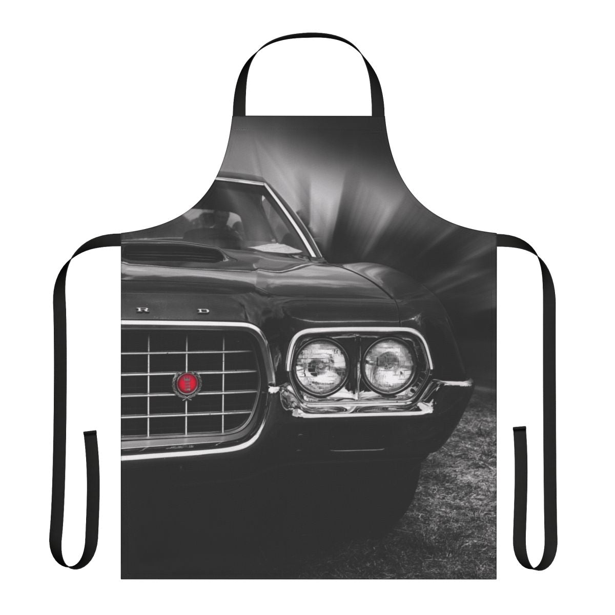 High-quality apron featuring a black and white illustration of a 1972 Ford Gran Torino Sport Fastback, a classic American muscle car.