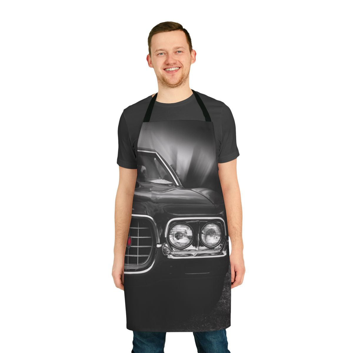 High-quality apron featuring a black and white illustration of a 1972 Ford Gran Torino Sport Fastback, a classic American muscle car.