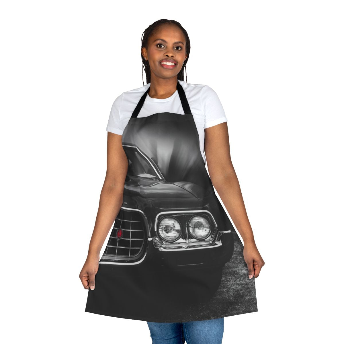 High-quality apron featuring a black and white illustration of a 1972 Ford Gran Torino Sport Fastback, a classic American muscle car.