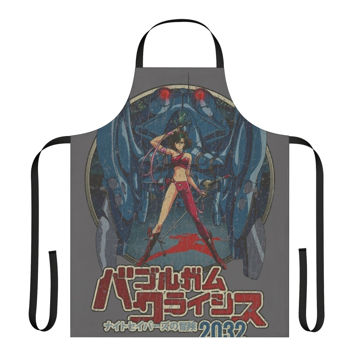 Retro 1980s anime-inspired cyberpunk apron with Bubblegum Crisis and Ghost in the Shell themes