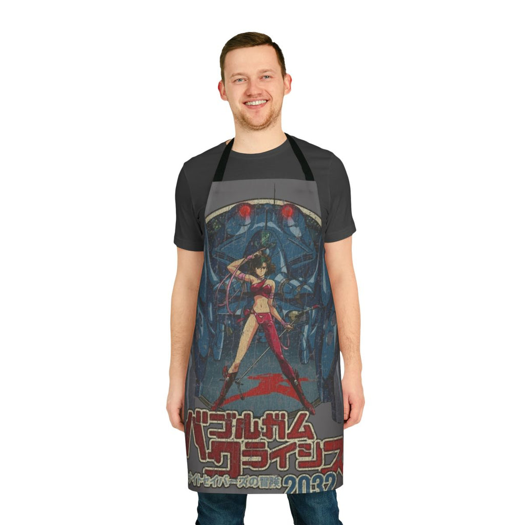Retro 1980s anime-inspired cyberpunk apron with Bubblegum Crisis and Ghost in the Shell themes