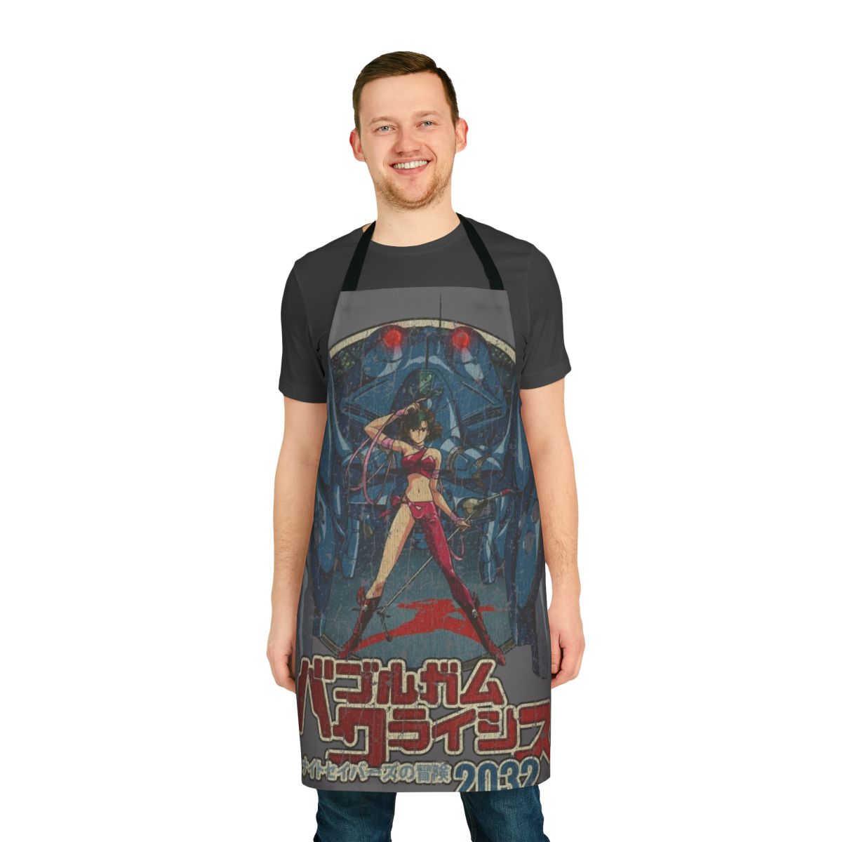 Retro 1980s anime-inspired cyberpunk apron with Bubblegum Crisis and Ghost in the Shell themes