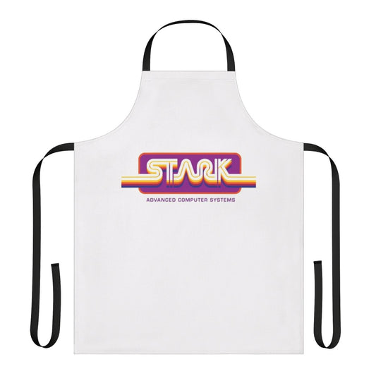 Vibrant 1980s-style computer graphics and video game design on a high-quality apron.