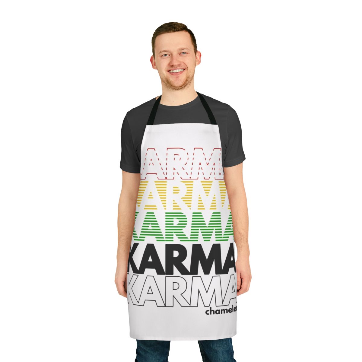 Colorful 1980s retro apron with karma chameleon style design