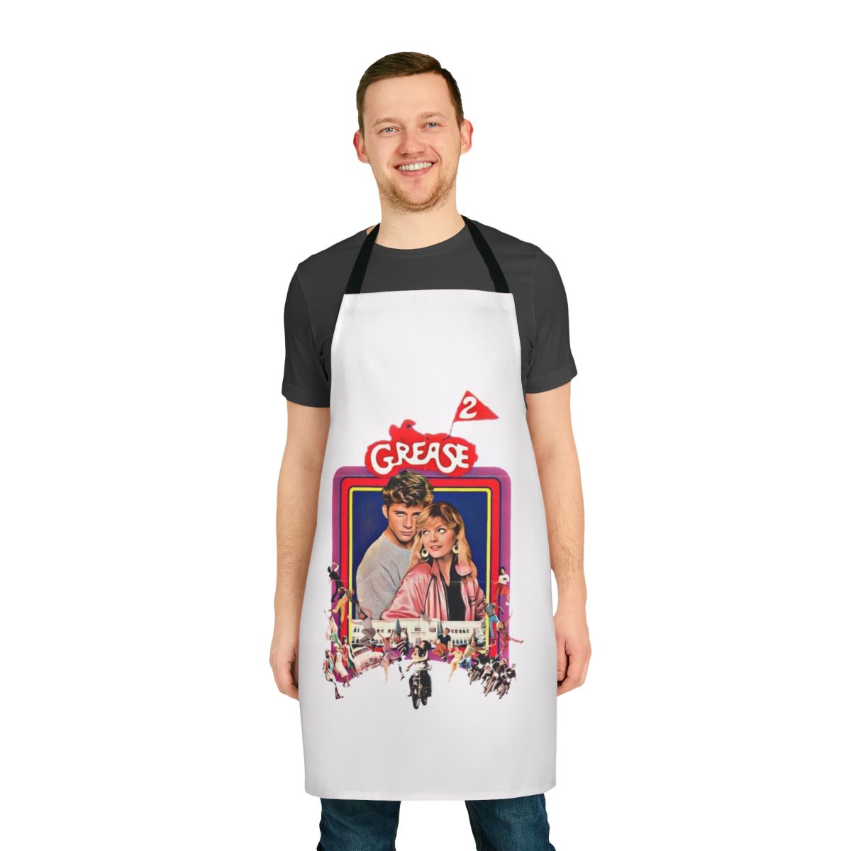Retro 1980s movie-inspired apron featuring a Grease 2 design