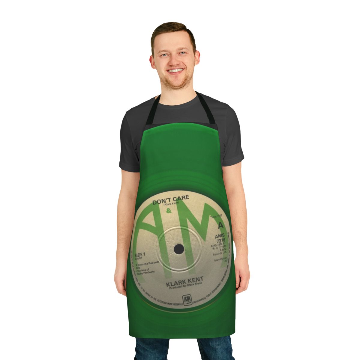 Retro 1980s music inspired humorous apron with 'Don't Care' design