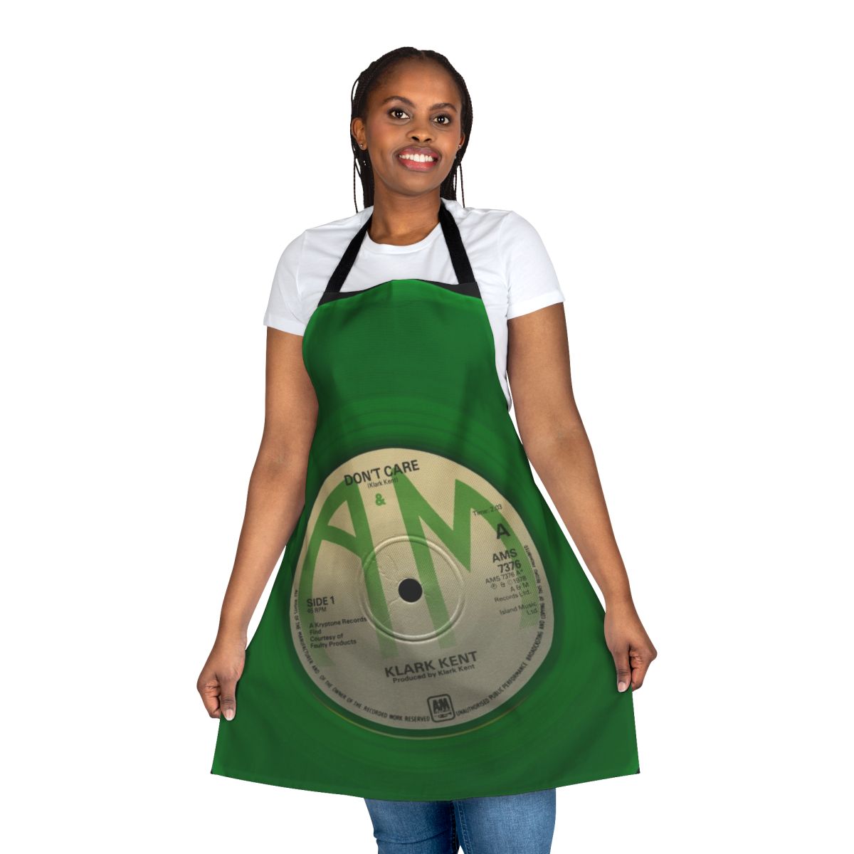 Retro 1980s music inspired humorous apron with 'Don't Care' design