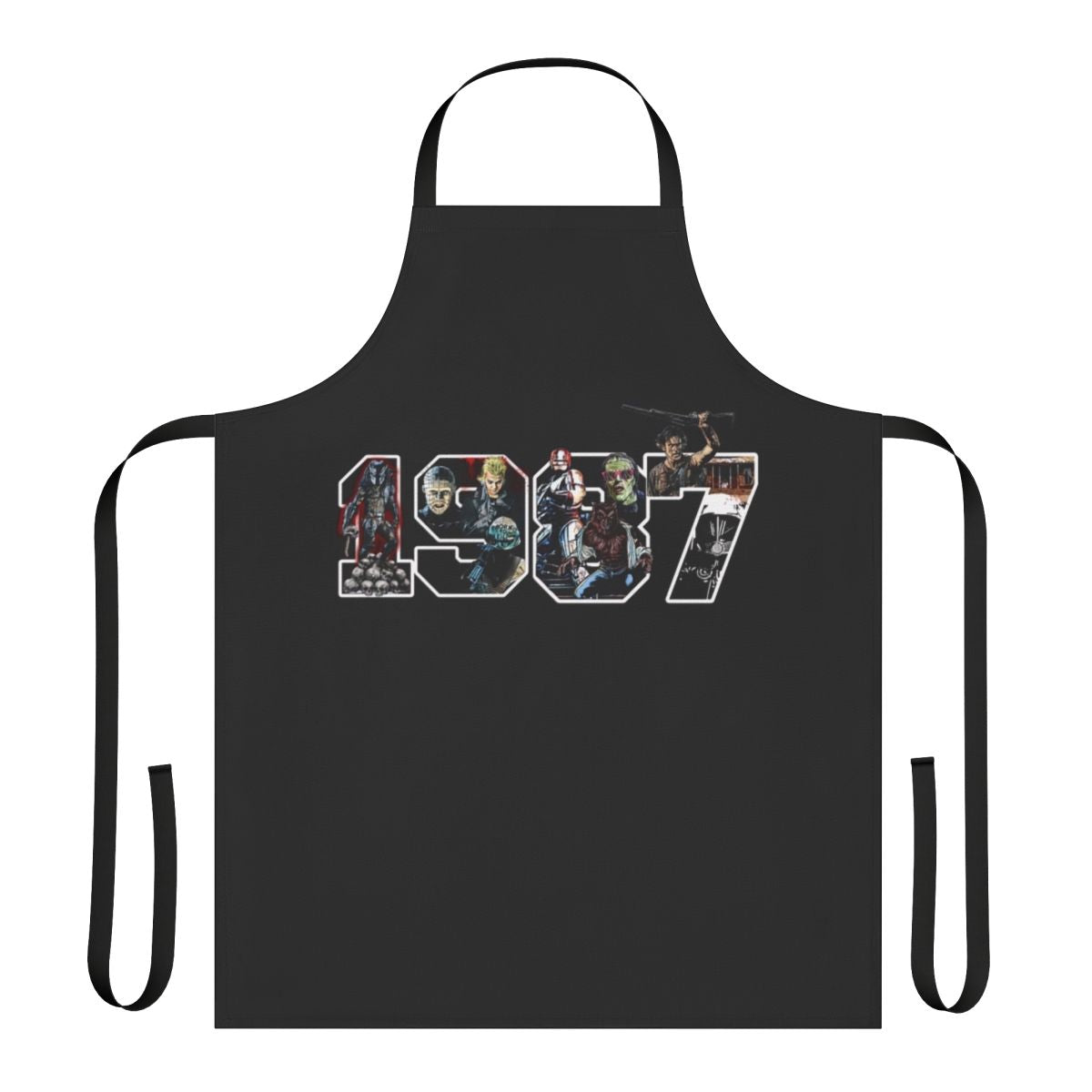 Retro 1980s pop culture inspired apron featuring classic movie characters and icons