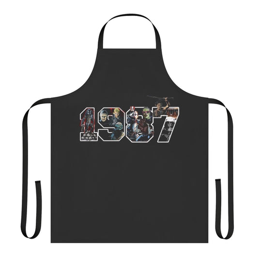 Retro 1980s pop culture inspired apron featuring classic movie characters and icons