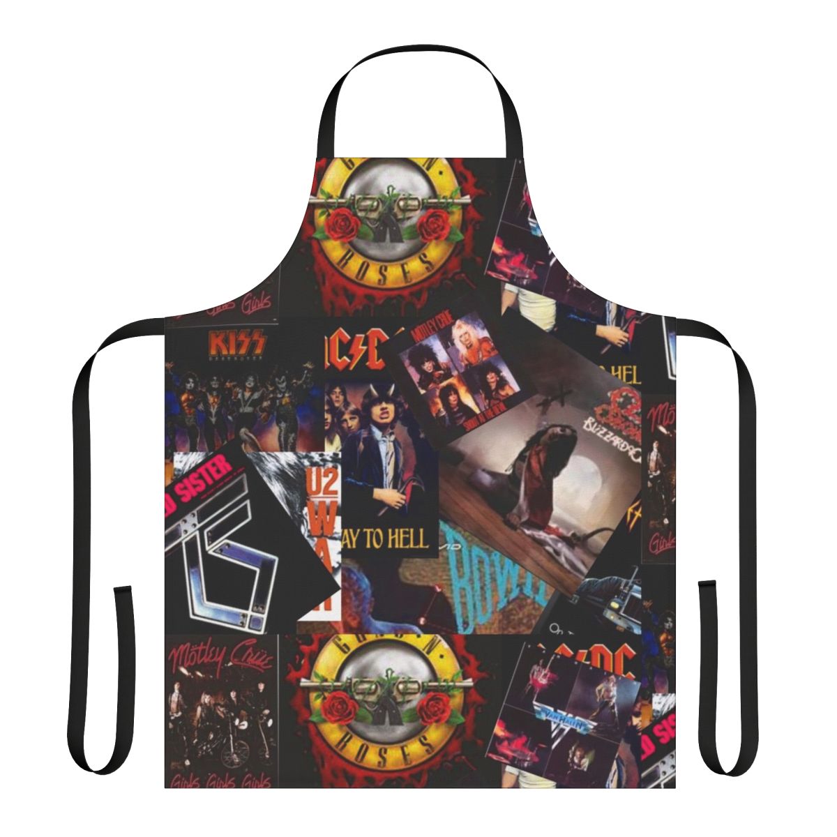 Colorful collage of 1980s rock band logos and album art printed on a durable apron
