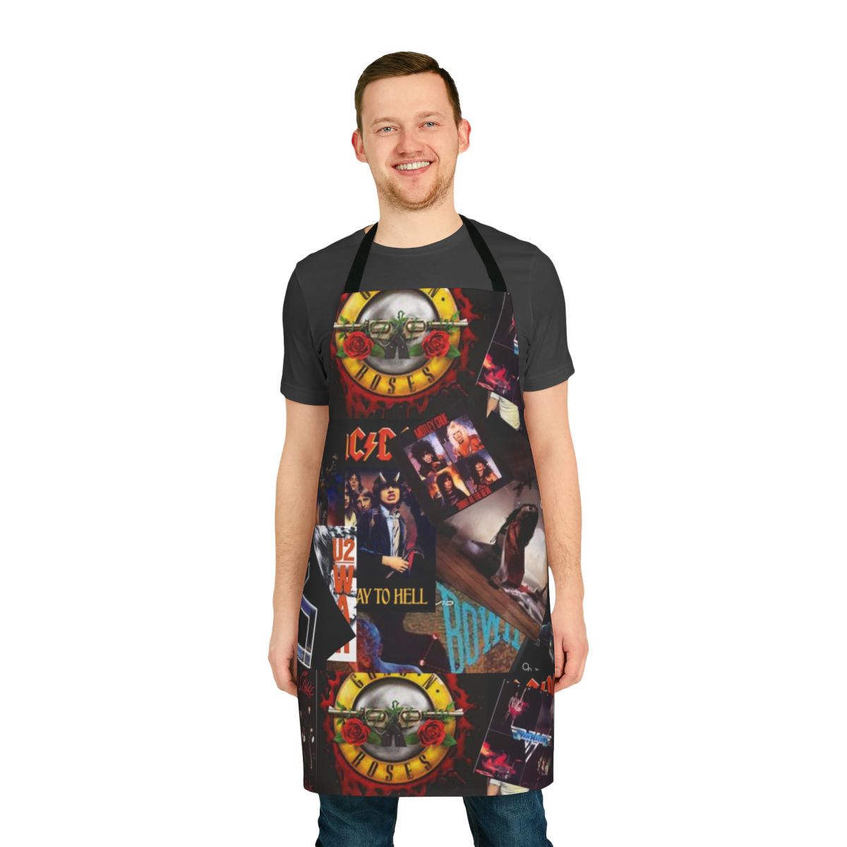 Colorful collage of 1980s rock band logos and album art printed on a durable apron