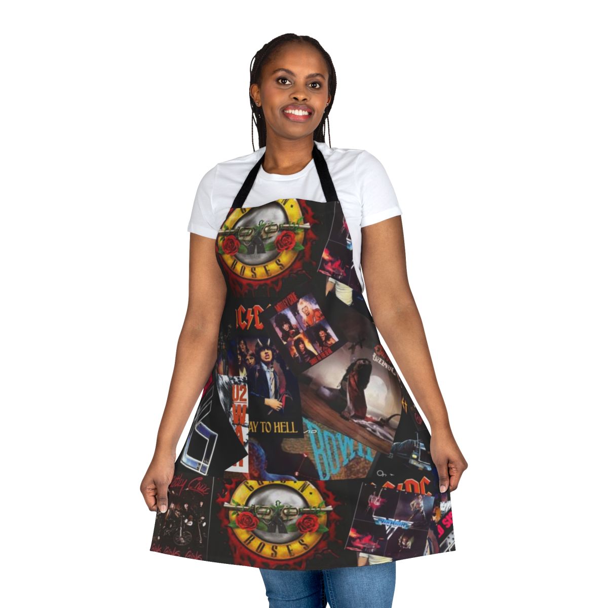 Colorful collage of 1980s rock band logos and album art printed on a durable apron