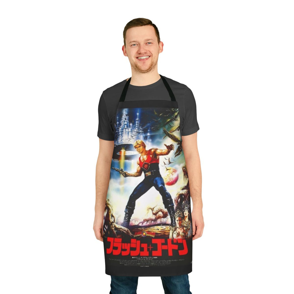 Retro 1980s sci-fi fantasy movie inspired Japanese style apron with Flash Gordon design