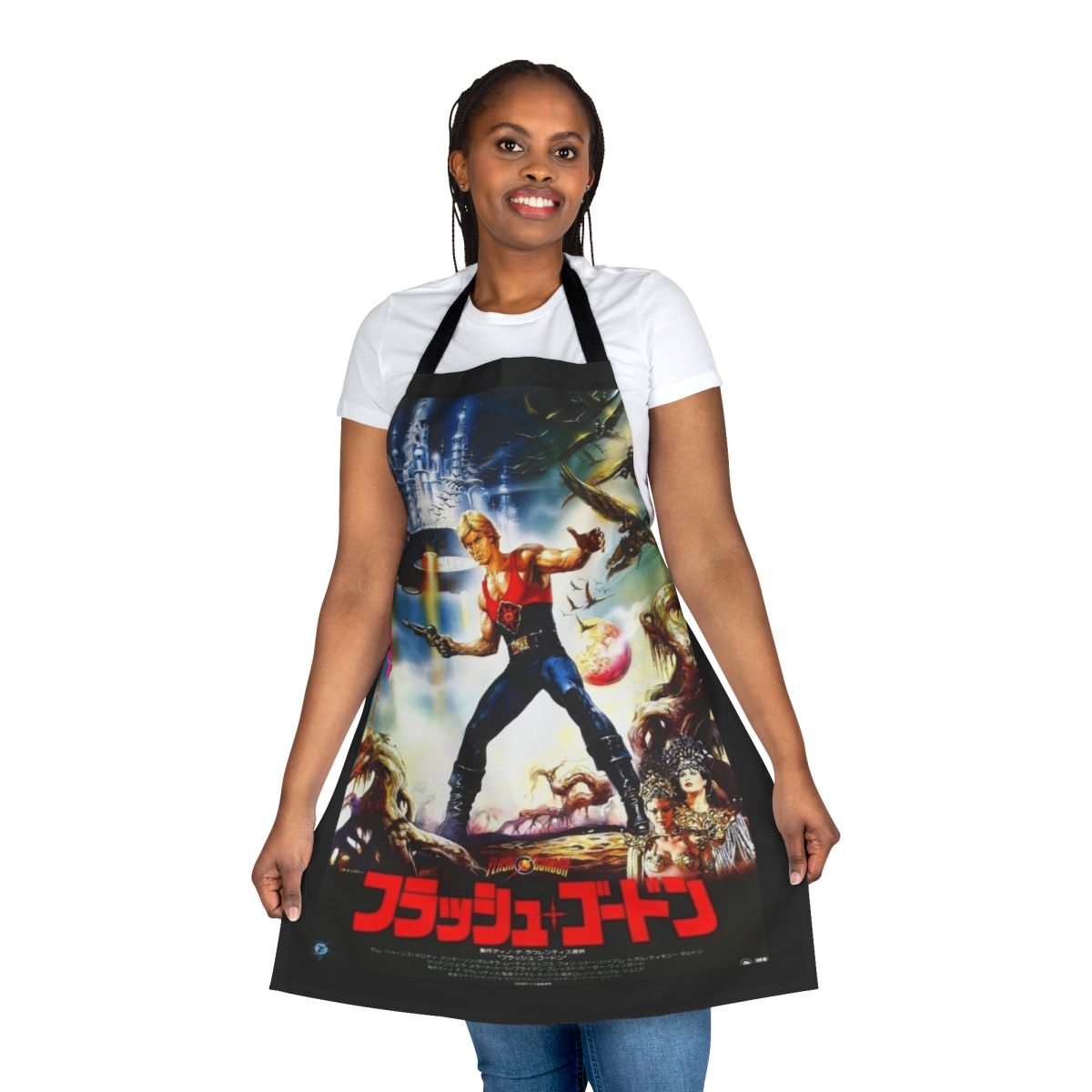 Retro 1980s sci-fi fantasy movie inspired Japanese style apron with Flash Gordon design