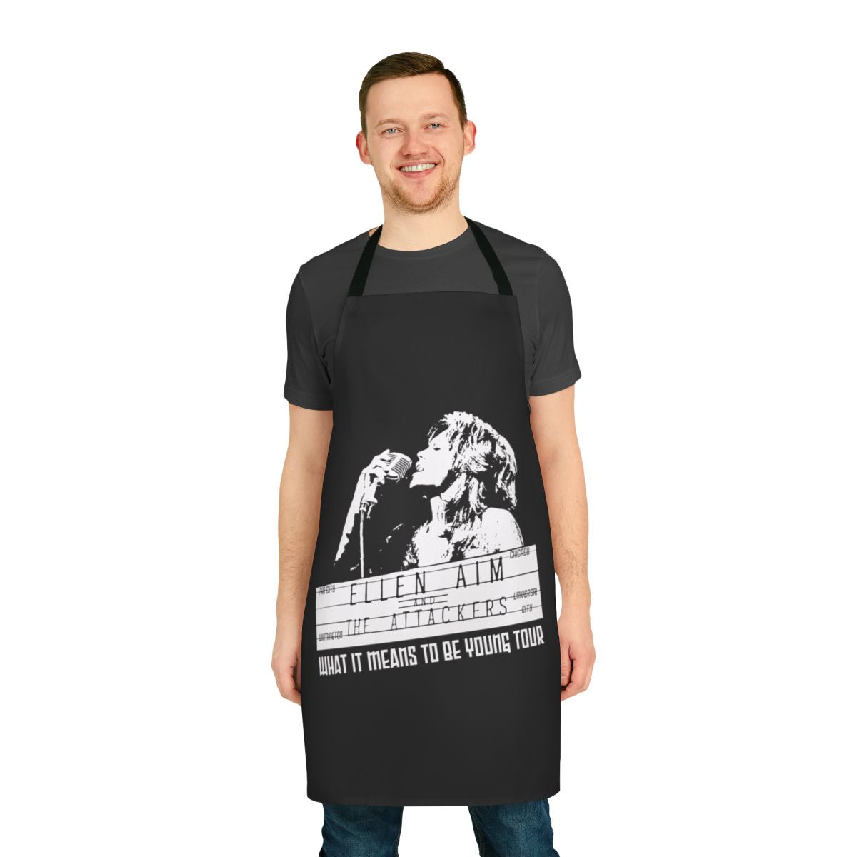 Retro 1980s 'Streets of Fire' inspired apron with Ellen Aim and the Attackers graphic