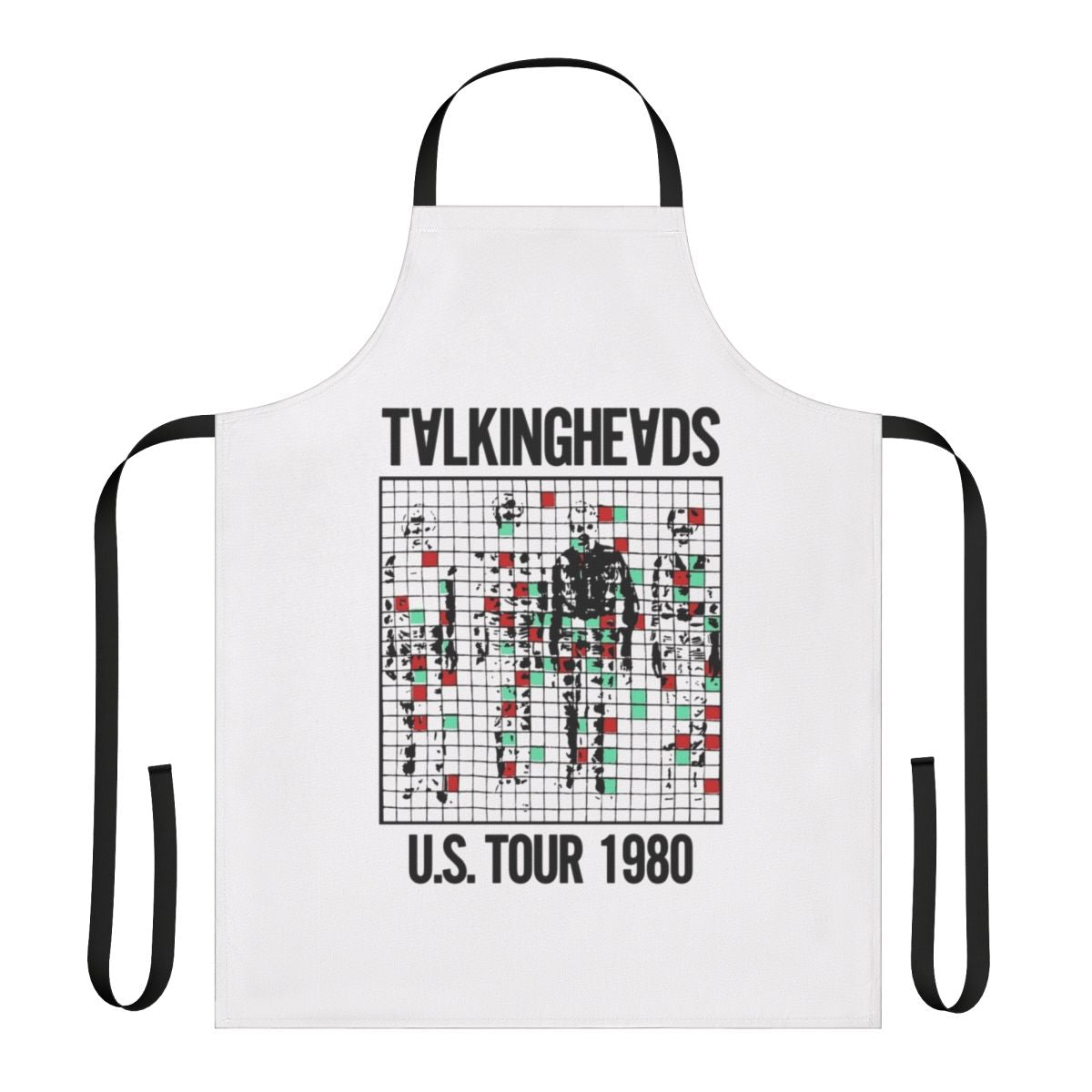 Retro 1980s Talking Heads inspired apron with band members and song titles