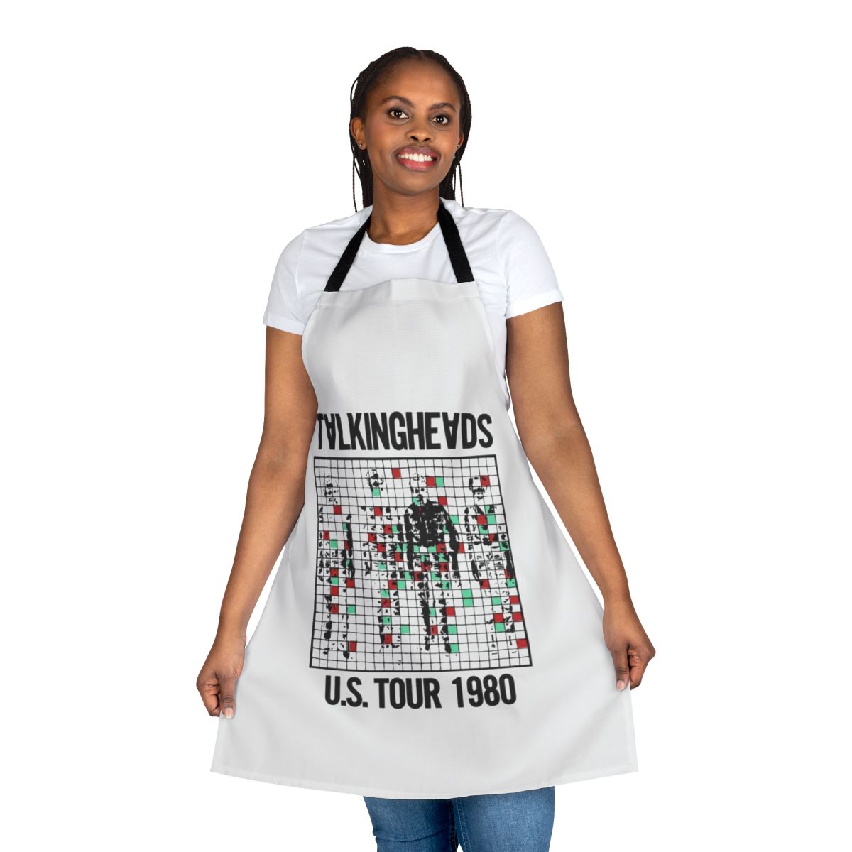 Retro 1980s Talking Heads inspired apron with band members and song titles
