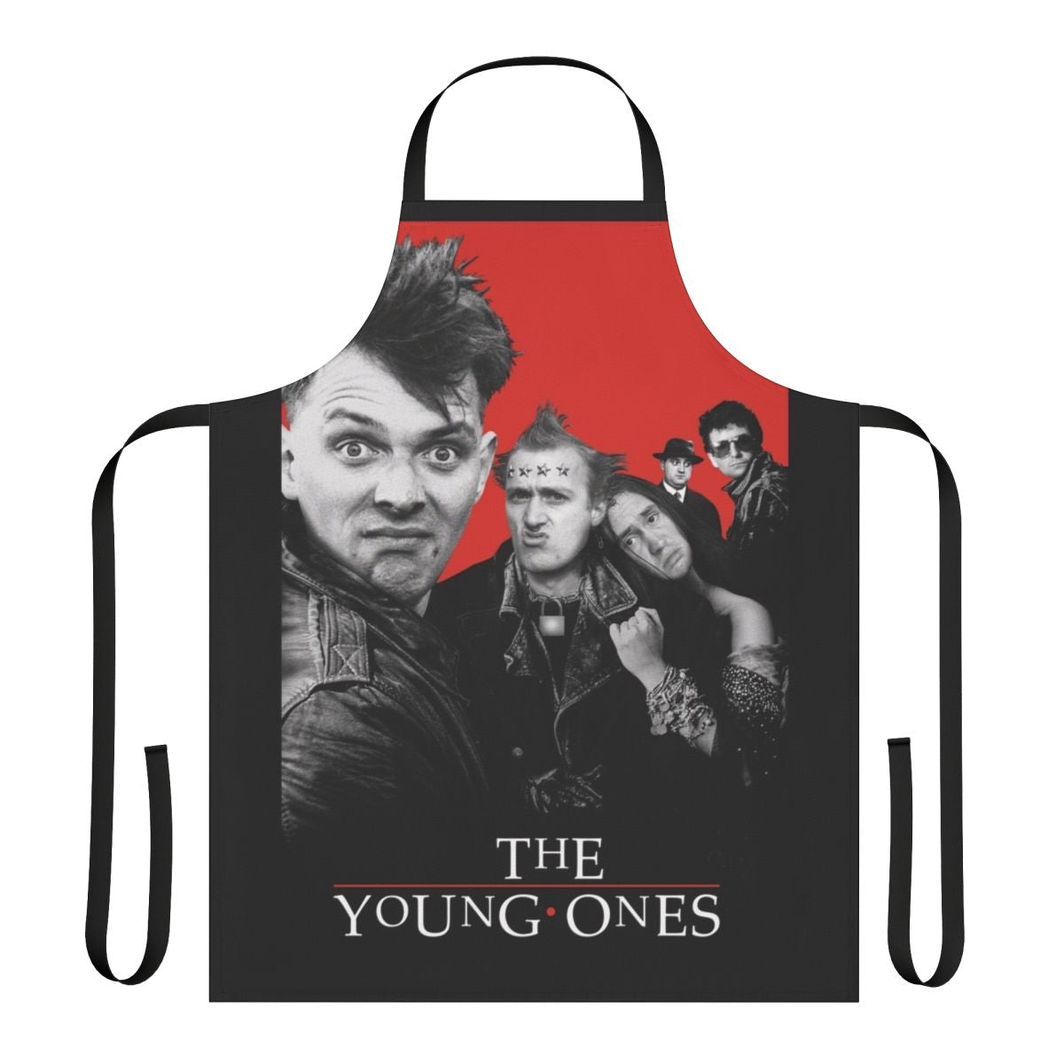 Retro 1980s style apron featuring characters from the cult classic TV show 'The Young Ones'